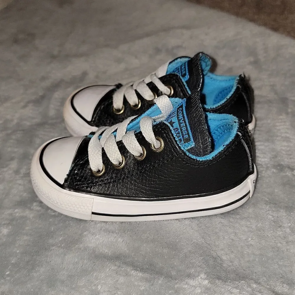 Converse All Stars Low Black Leather Blue Trim CTSA Shoes Baby Size 4
